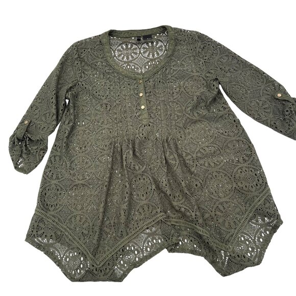 New Directions Green Crochet Lace Tunic Top Women's S Boho Style High-Low Hem - Picture 1 of 6